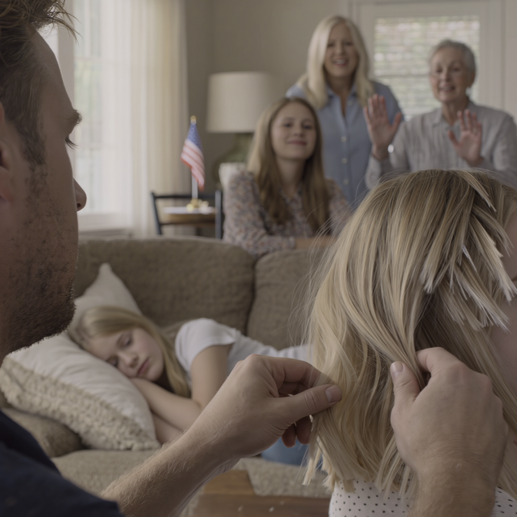 I opened my parents’ front door and heard my 9-year-old daughter sobbing… the hair she’d grown for 5 years had been hacked off while she begged them to stop… my little sister stayed ice-calm: “Hair grows back.”… my parents still took her side… my wife went silent for exactly a few seconds, then did one thing that made the whole room go dead quiet… and 30 minutes later, my 82-year-old grandma walked in with her cane and said one sentence—everyone went pale. – News