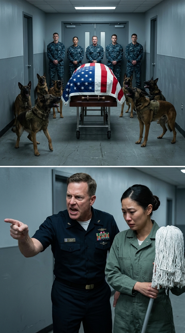 When the quiet janitor whispered, “they knew i would come,” 12 military dogs who had snarled at every handler suddenly rose around the flag-draped casket, and the master chief who had barked “restricted area—get out now” finally realized the woman with the mop cart wasn’t there by accident—she was the one person in that room the dogs had been waiting for all morning