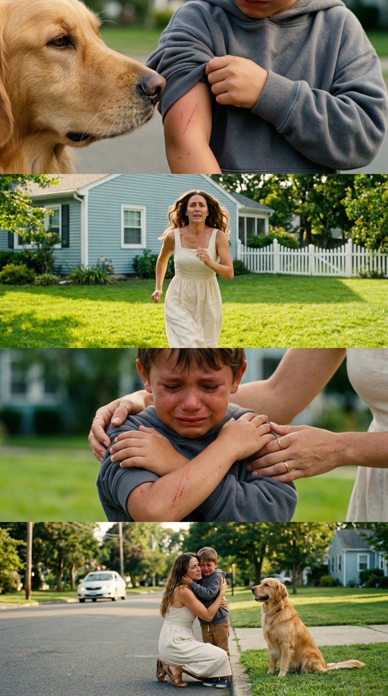 When the stray dog locked onto the little boy’s sleeve, our perfect cul-de-sac erupted in panic—until the torn fabric exposed the truth no one in Oak Creek wanted to see. Then the child looked at me, shaking, and whispered, “Please… you have to hide me.” A silver BMW was already turning into the street, and the man stepping out was smiling like nothing had happened.