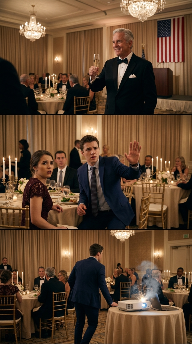 At my own engagement party, my father raised a crystal glass and laughed, “to my son, who finally found a woman so desperate she’d agree to marry him,” but when the room went dead silent and my fiancée started to rise, I told her, “stay,” because under the projector table sat the laptop he never noticed—and inside it was the one truth he should have buried far better.