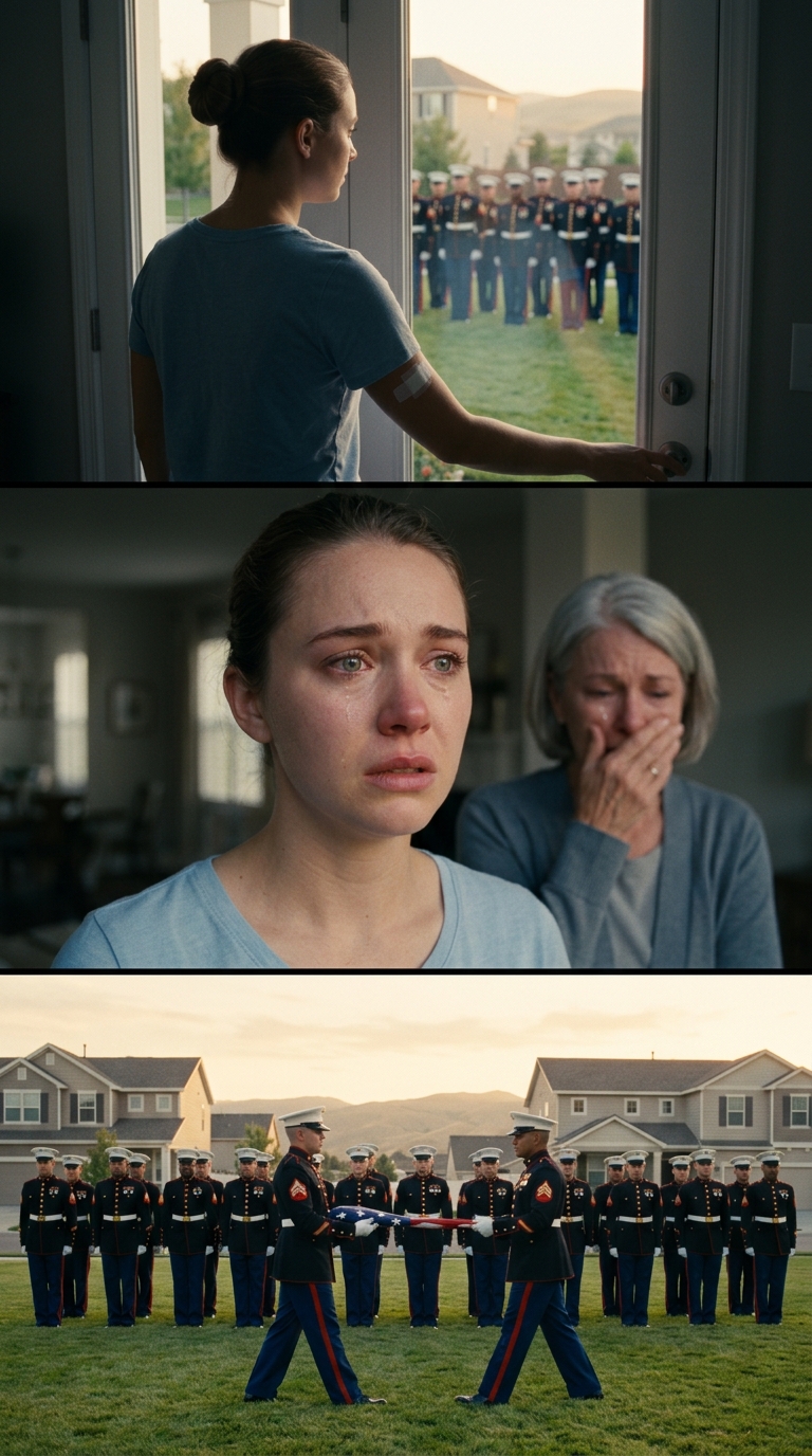 Four days after an off-duty EMT took seven knife wounds shielding a bleeding Marine outside a taco shop, she limped to her front door at dawn and froze—more than a hundred Marines stood across her quiet street, the man she saved at the center, while her mother stared in tears and he said, “You stood between death and one of ours. Today we stand for you.”