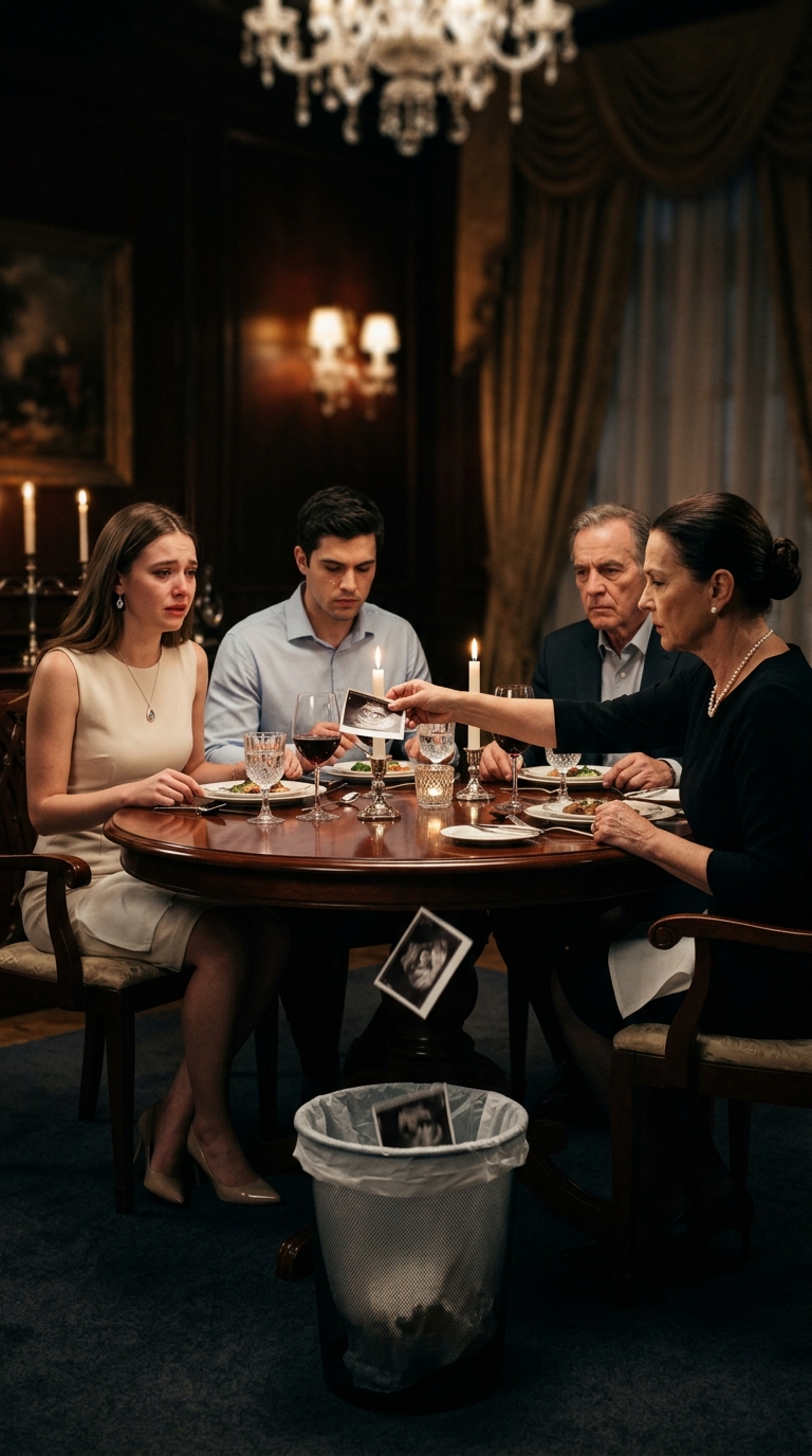 “Abort it before you curse our family with a defective child,” my mother-in-law said, throwing my ultrasound into the trash while my husband said nothing. I thought the worst part was watching him choose her over me. I was wrong. Months later, in a sterile conference room, Thomas calmly revealed what his family had wanted from my baby all along—and even my lawyer went silent.