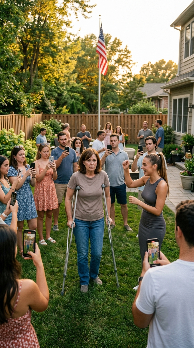 On my father’s birthday, my sister grabbed my crutches, called me a freeloader, and laughed as I fell — but she didn’t realize my spinal surgeon was standing right behind her, ready to expose every lie she’d told about me. What happened next turned our entire family upside down and forced everyone to face the truth they’d ignored for years.